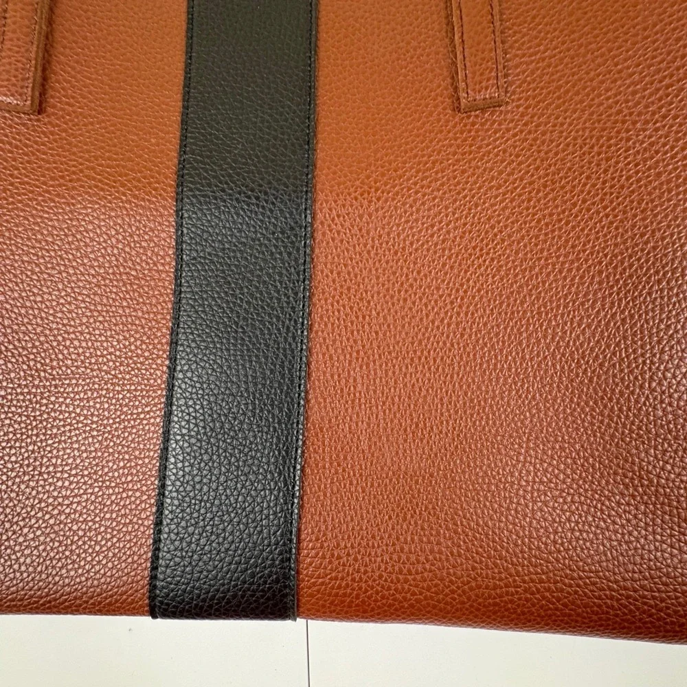 Vince Camuto Brown‎ Pebbled Leather Tote Bag Black Stripe Work Bag